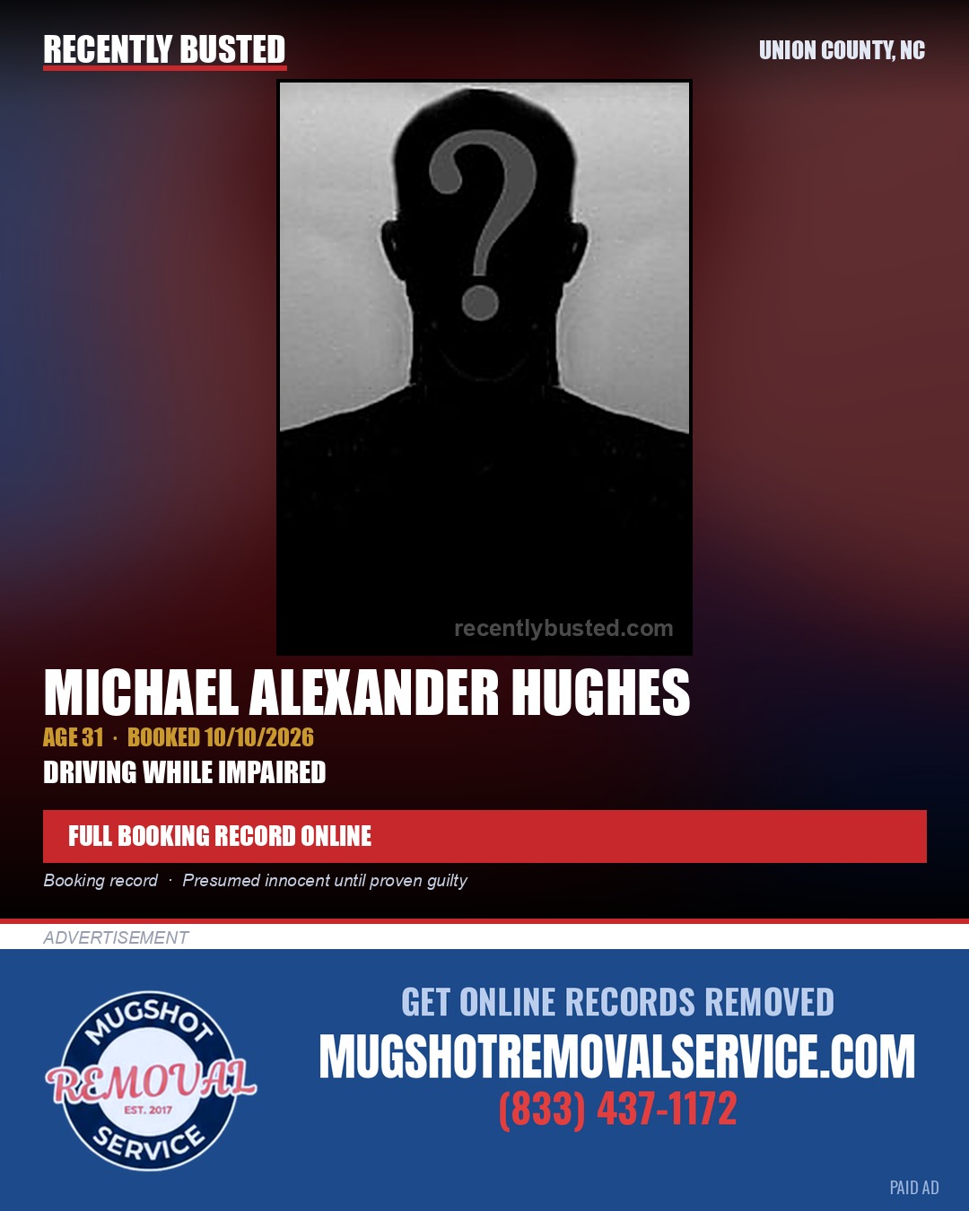 HUGHES, MICHAEL ALEXANDER — arrest record card, Union County, North Carolina