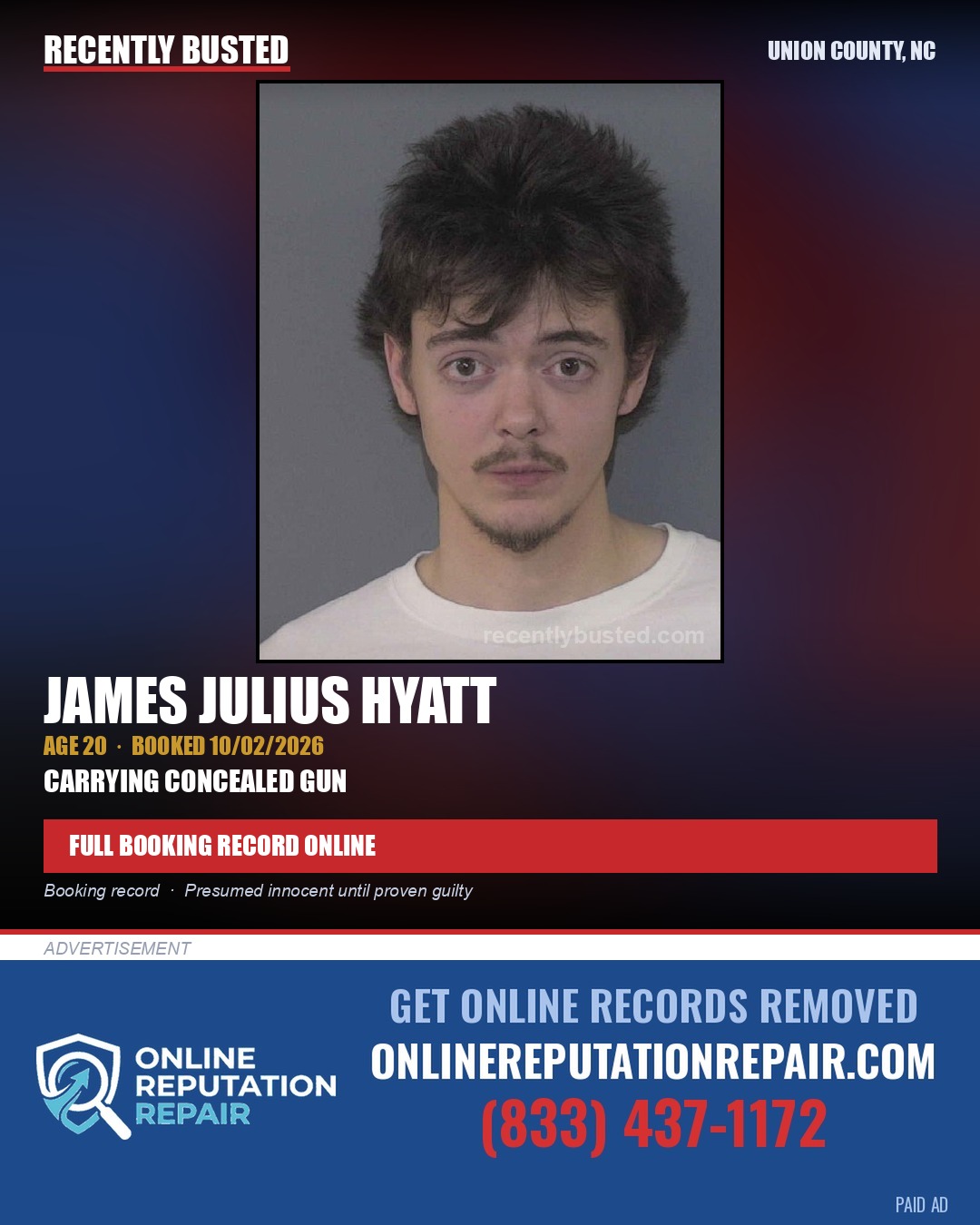 HYATT, JAMES JULIUS — arrest record card, Union County, North Carolina