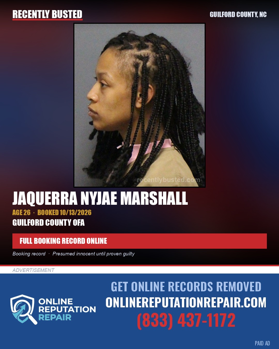 JAQUERRA NYJAE MARSHALL — arrest record card, Guilford County, North Carolina