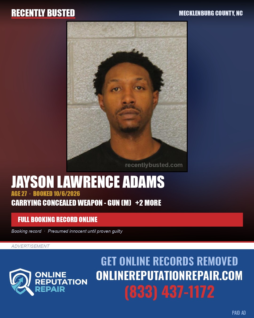 JAYSON LAWRENCE ADAMS — arrest record card, Mecklenburg County, North Carolina