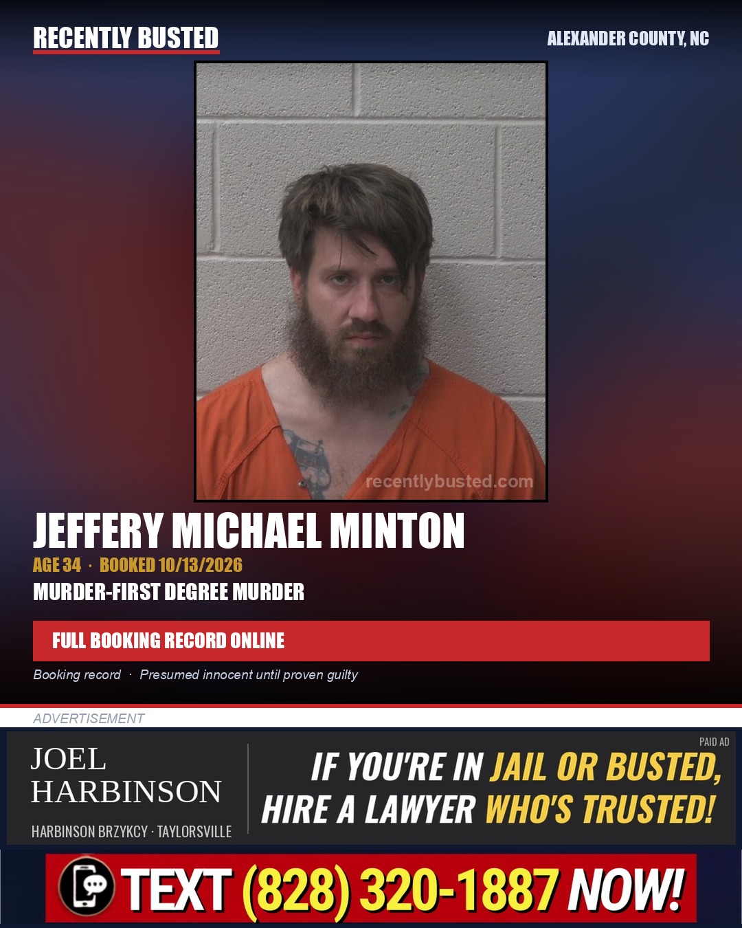 JEFFERY MICHAEL MINTON — arrest record card, Alexander County, North Carolina
