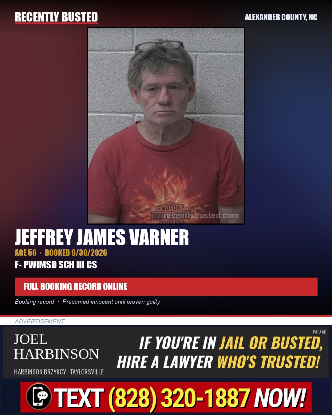 JEFFREY JAMES VARNER — arrest record card, Alexander County, North Carolina