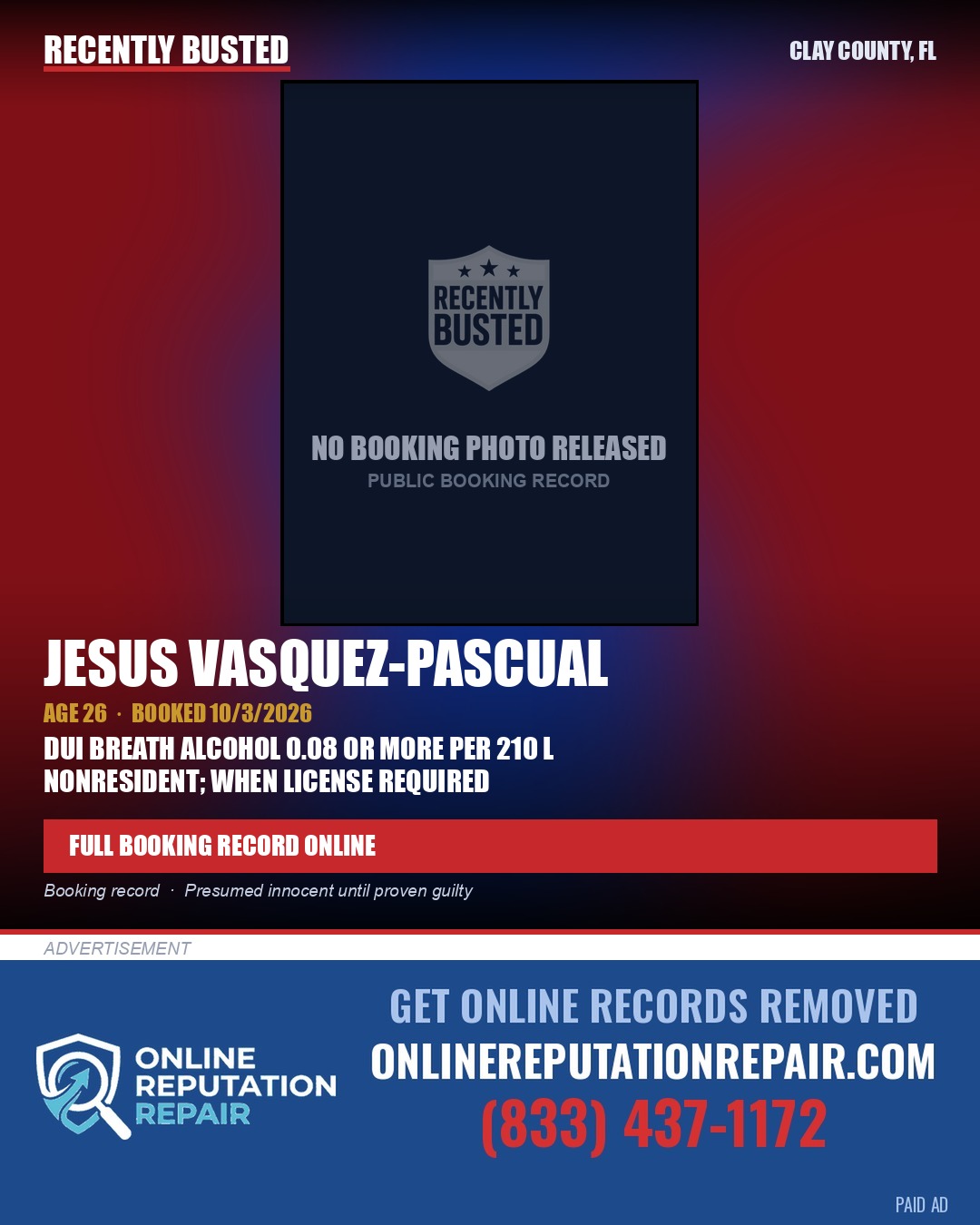 JESUS VASQUEZ-PASCUAL — arrest record card, Clay County, Florida