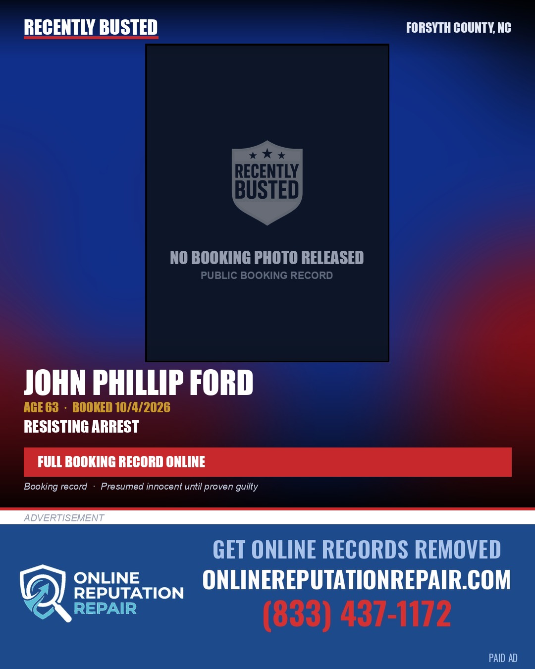 JOHN PHILLIP FORD — arrest record card, Forsyth County, North Carolina