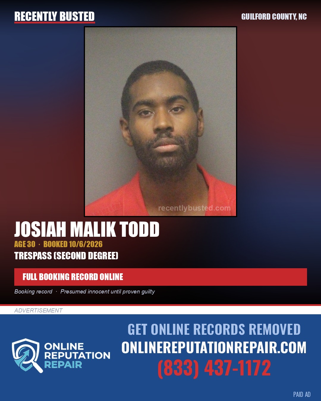 JOSIAH MALIK TODD — arrest record card, Guilford County, North Carolina