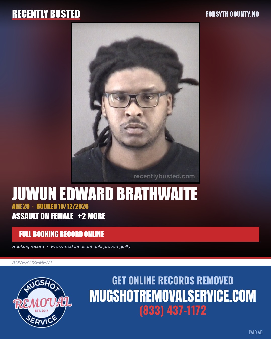 JUWUN EDWARD BRATHWAITE — arrest record card, Forsyth County, North Carolina