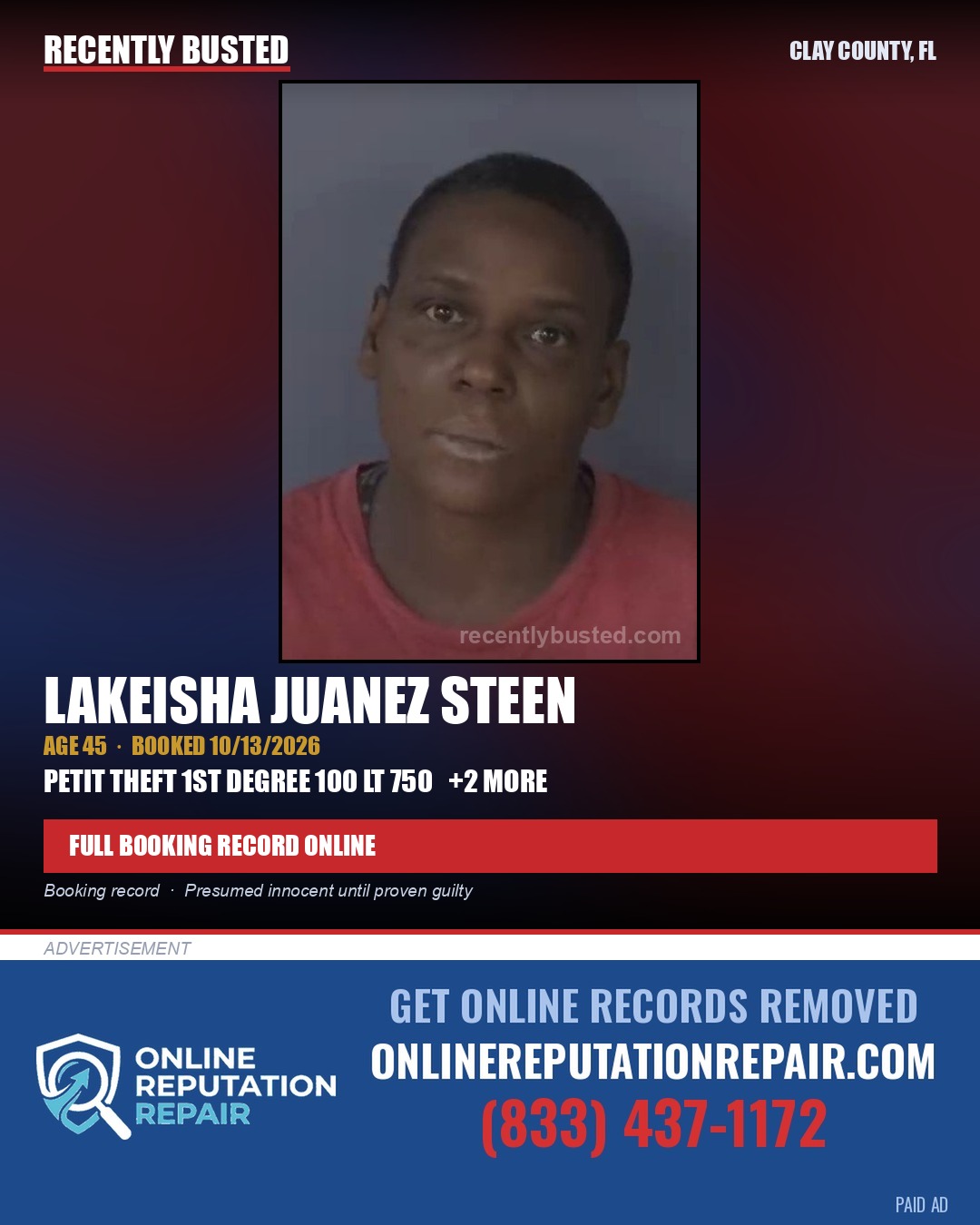 LAKEISHA JUANEZ STEEN — arrest record card, Clay County, Florida
