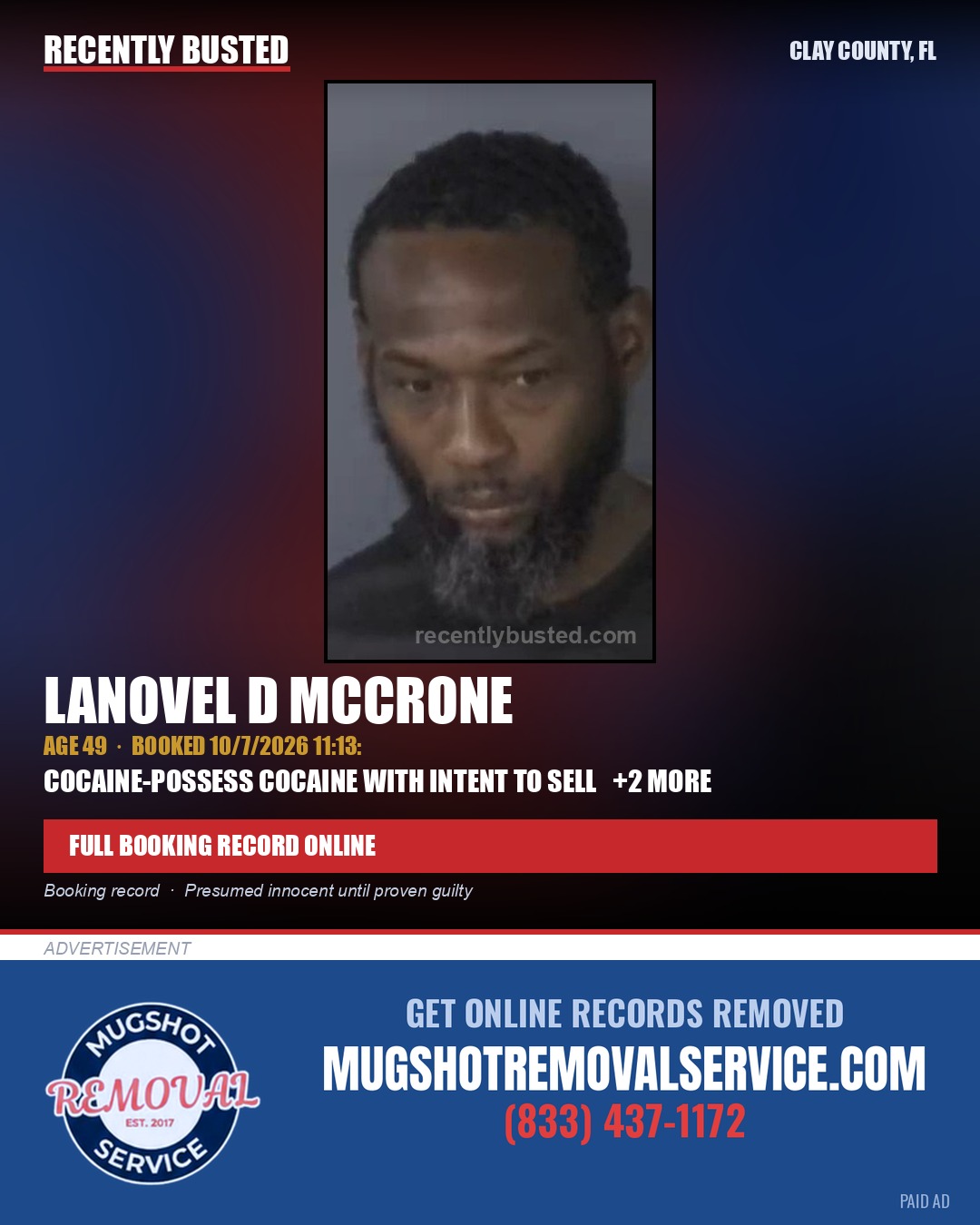 LANOVEL D MCCRONE — arrest record card, Clay County, Florida