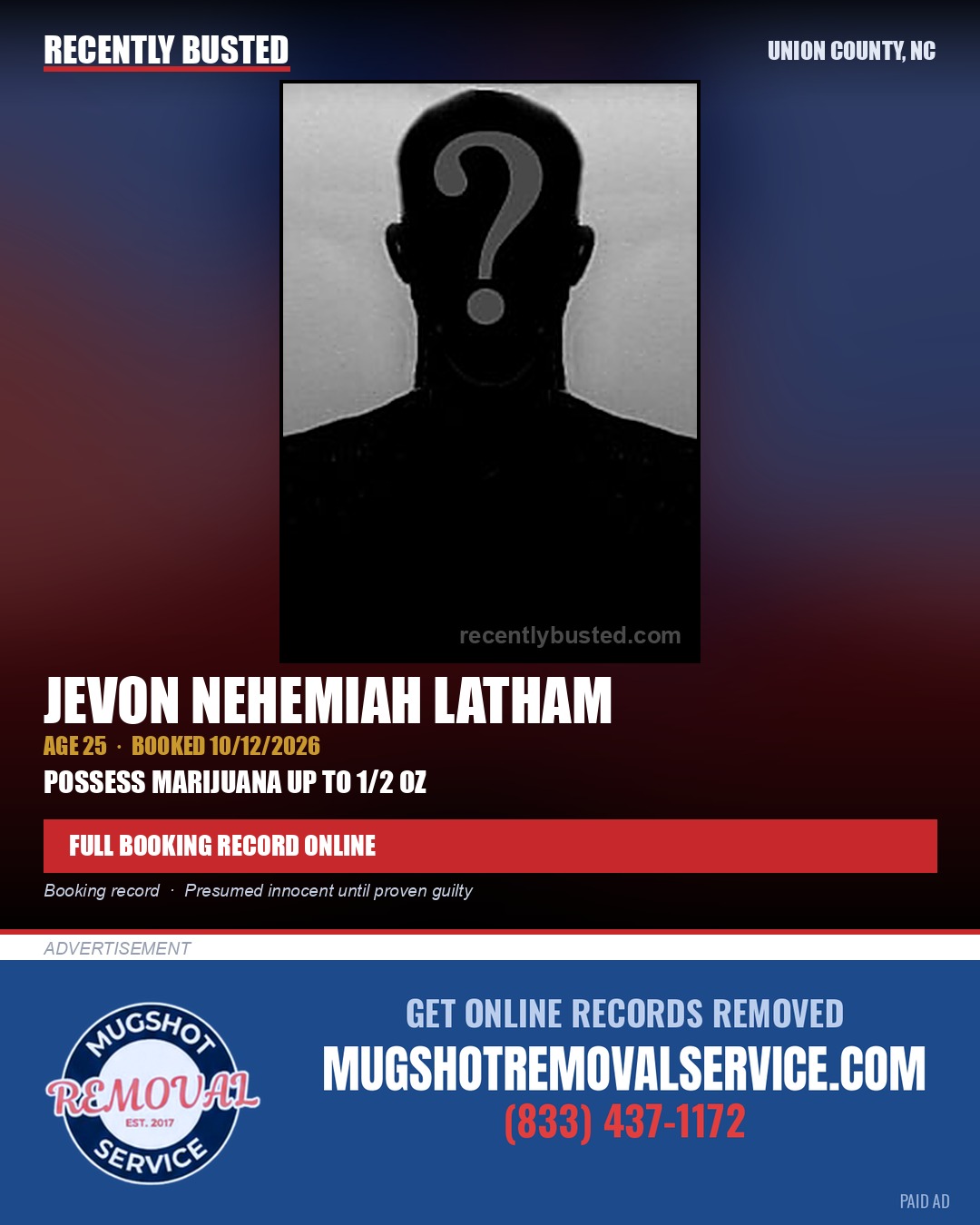 LATHAM, JEVON NEHEMIAH — arrest record card, Union County, North Carolina