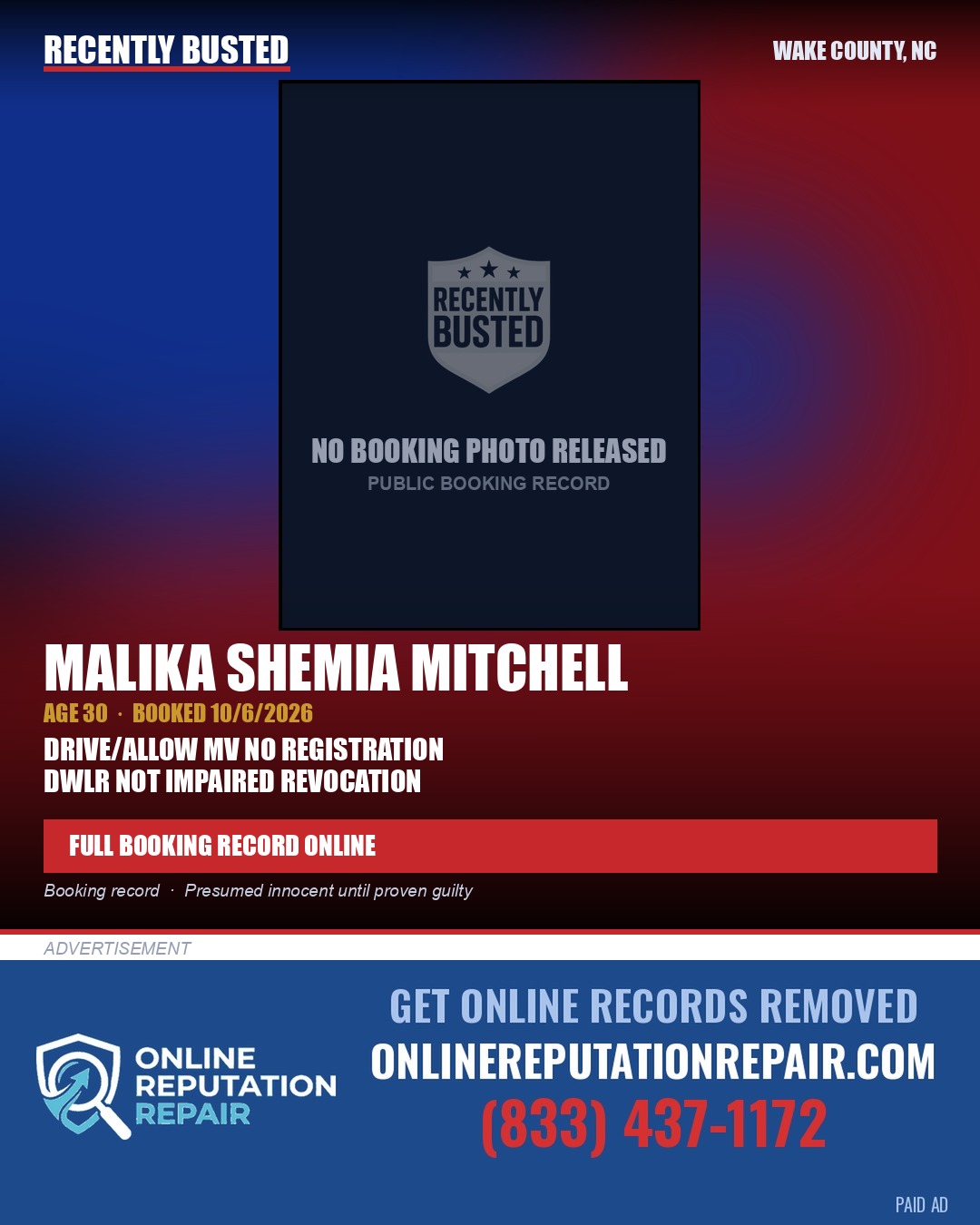 MALIKA SHEMIA MITCHELL — arrest record card, Wake County, North Carolina