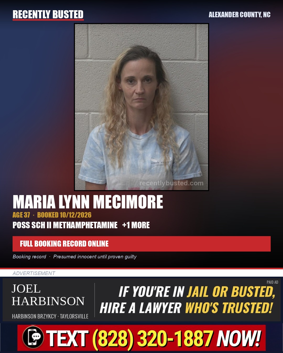 MARIA LYNN MECIMORE — arrest record card, Alexander County, North Carolina