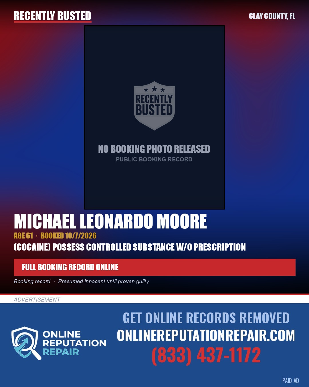 MICHAEL LEONARDO MOORE — arrest record card, Clay County, Florida
