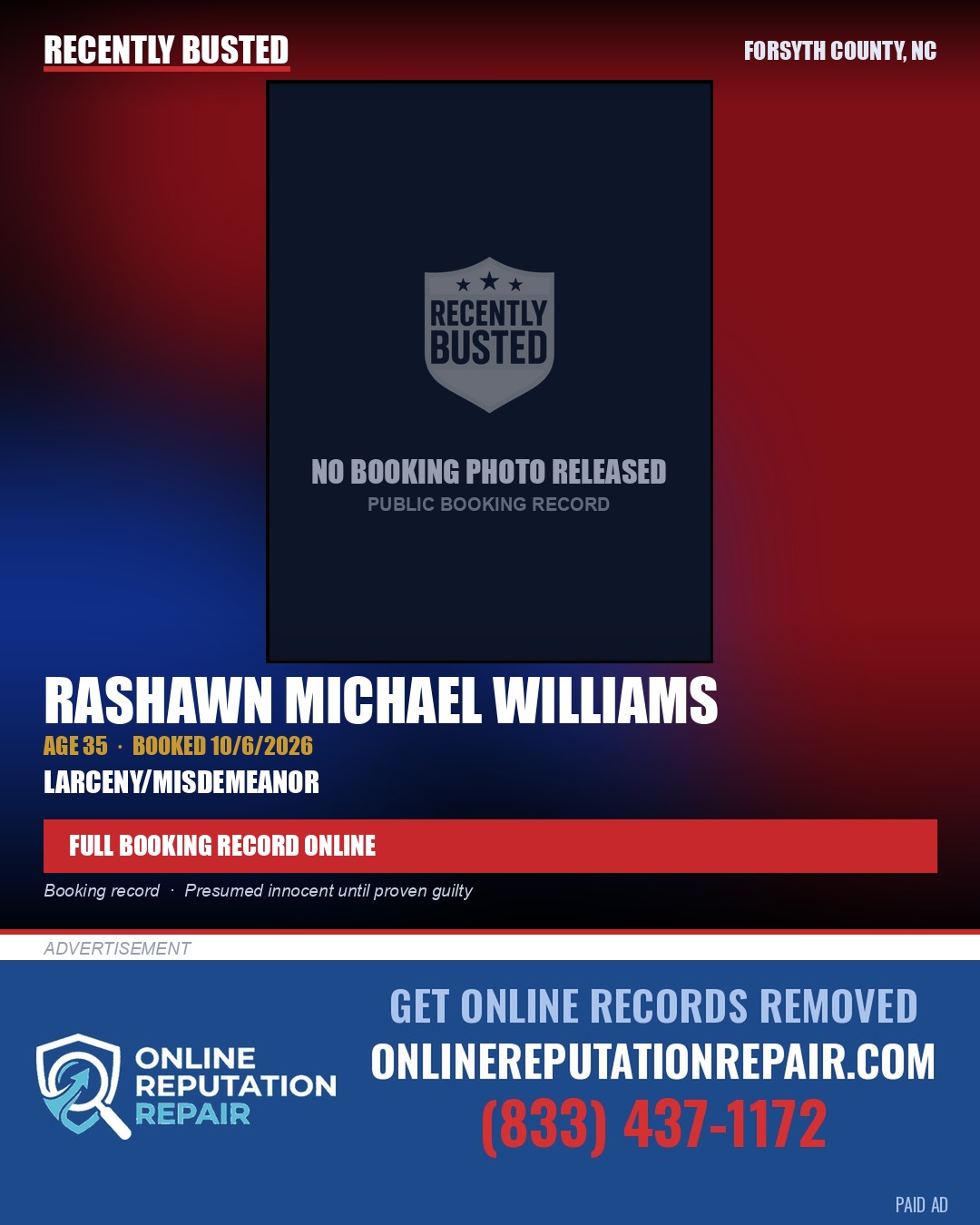 RASHAWN MICHAEL WILLIAMS — arrest record card, Forsyth County, North Carolina