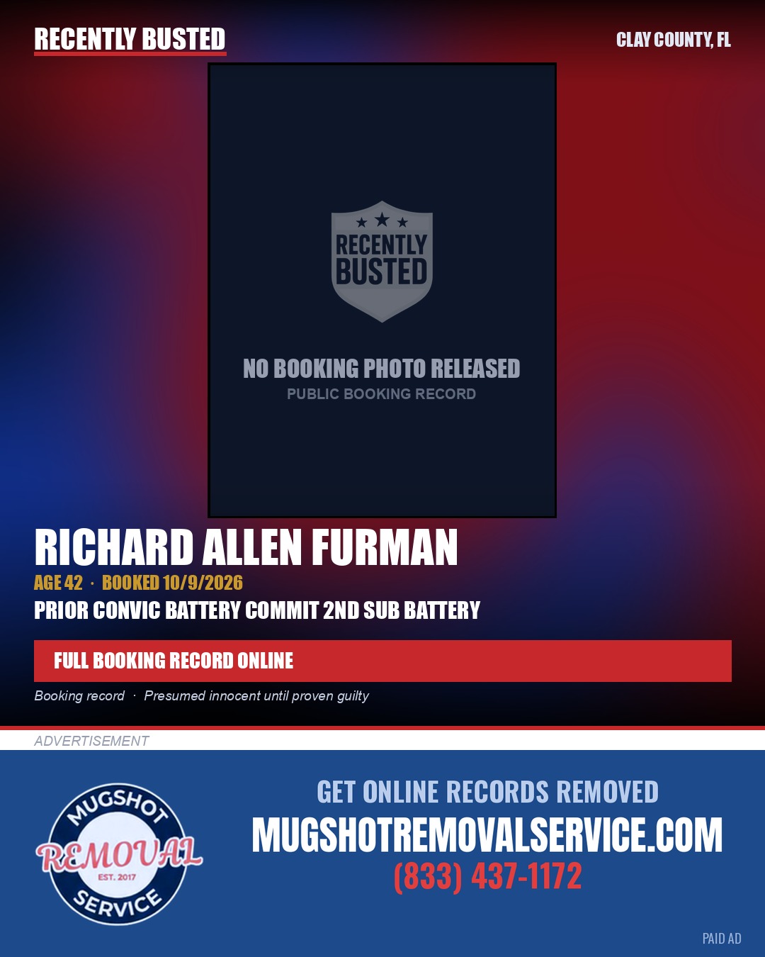 RICHARD ALLEN FURMAN — arrest record card, Clay County, Florida