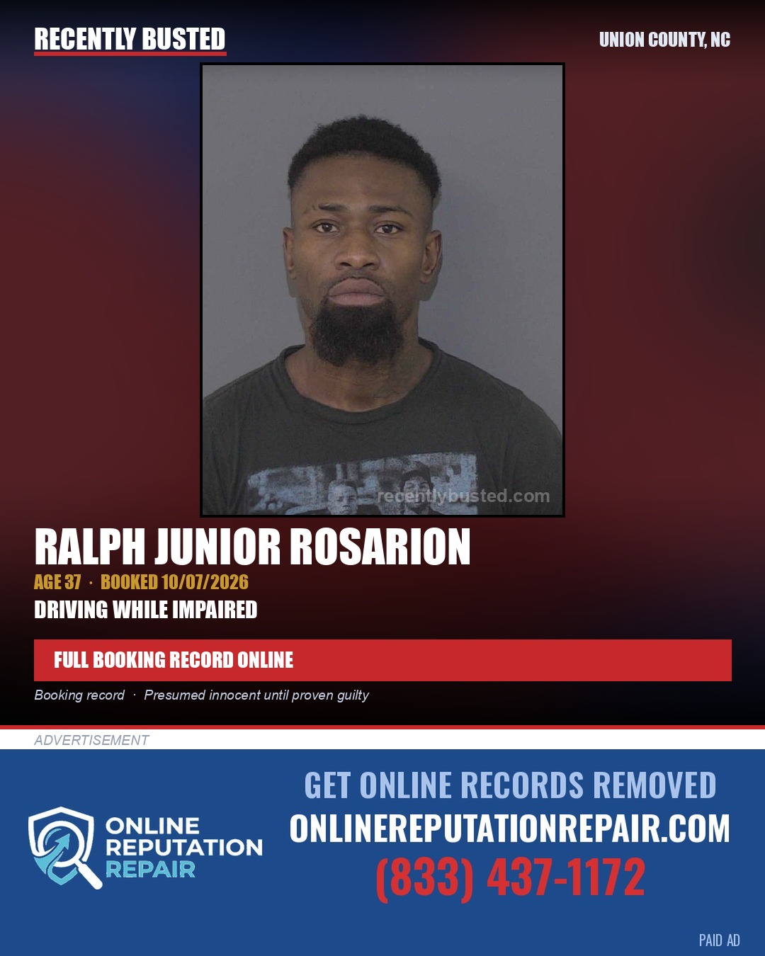 ROSARION, RALPH JUNIOR — arrest record card, Union County, North Carolina