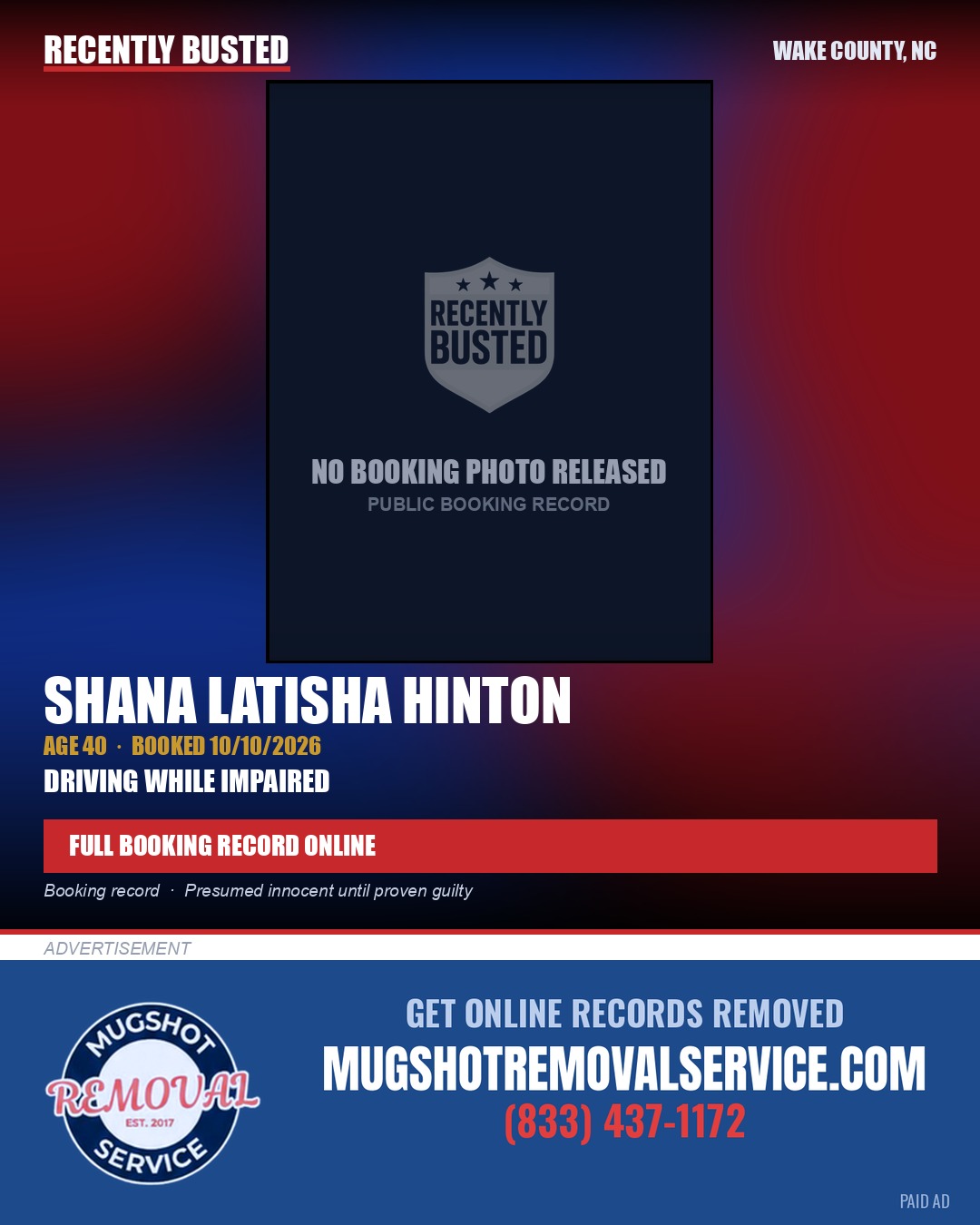 SHANA LATISHA HINTON — arrest record card, Wake County, North Carolina