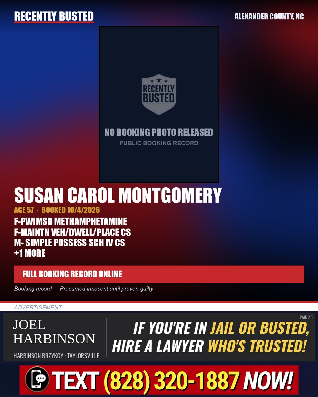 SUSAN CAROL MONTGOMERY — arrest record card, Alexander County, North Carolina