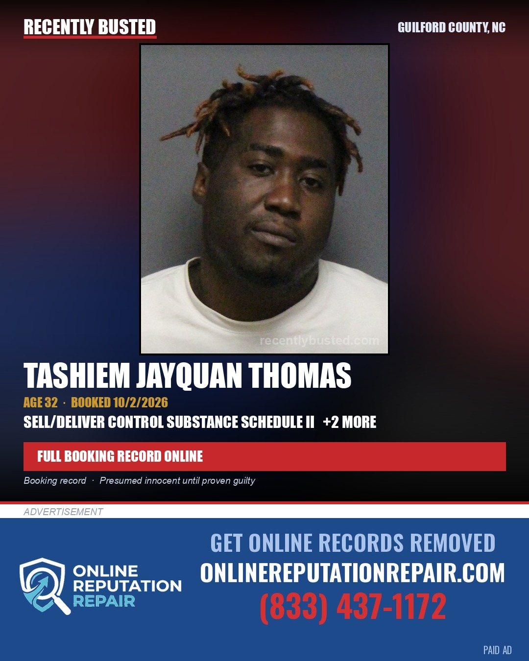 TASHIEM JAYQUAN THOMAS — arrest record card, Guilford County, North Carolina