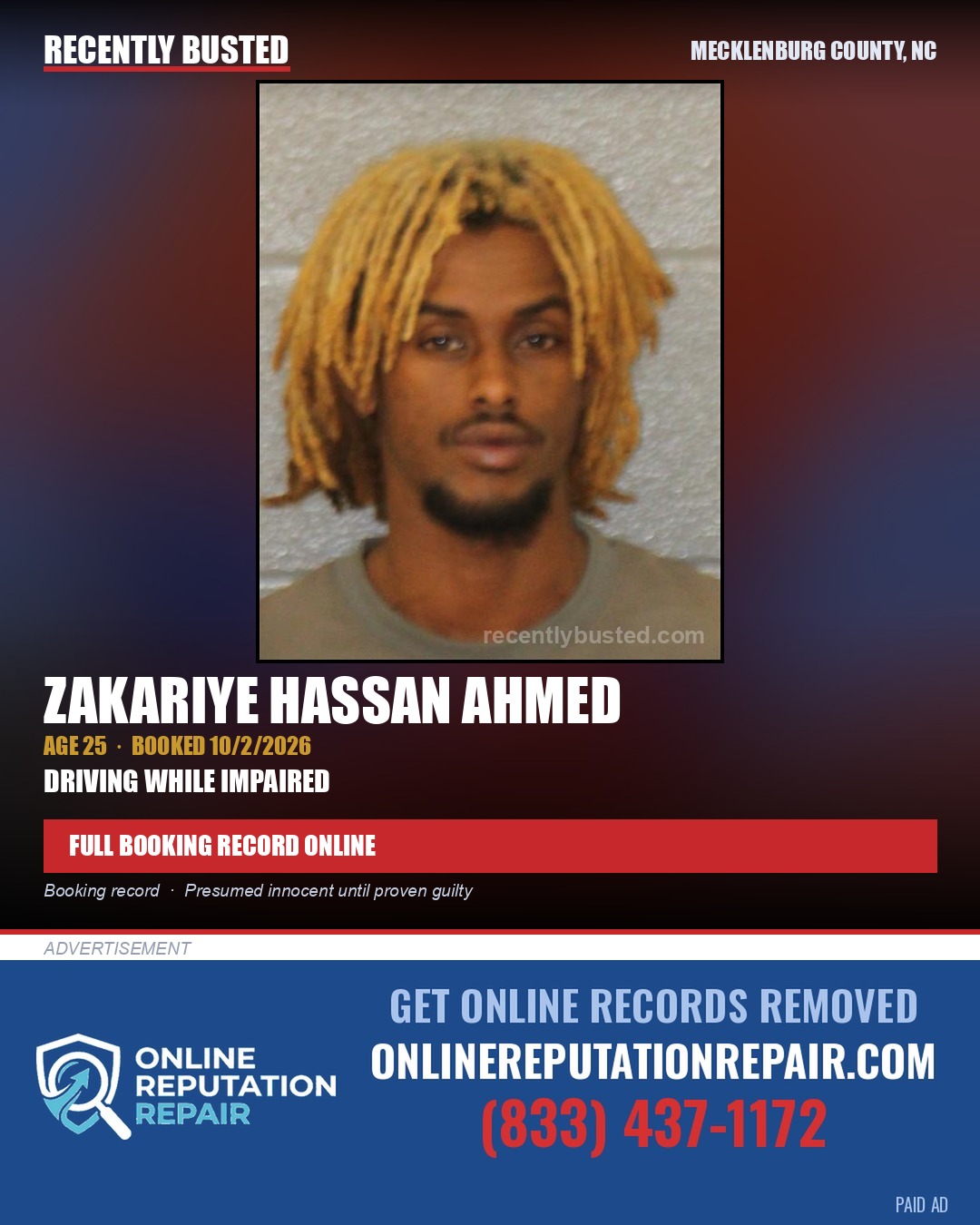 ZAKARIYE HASSAN AHMED — arrest record card, Mecklenburg County, North Carolina