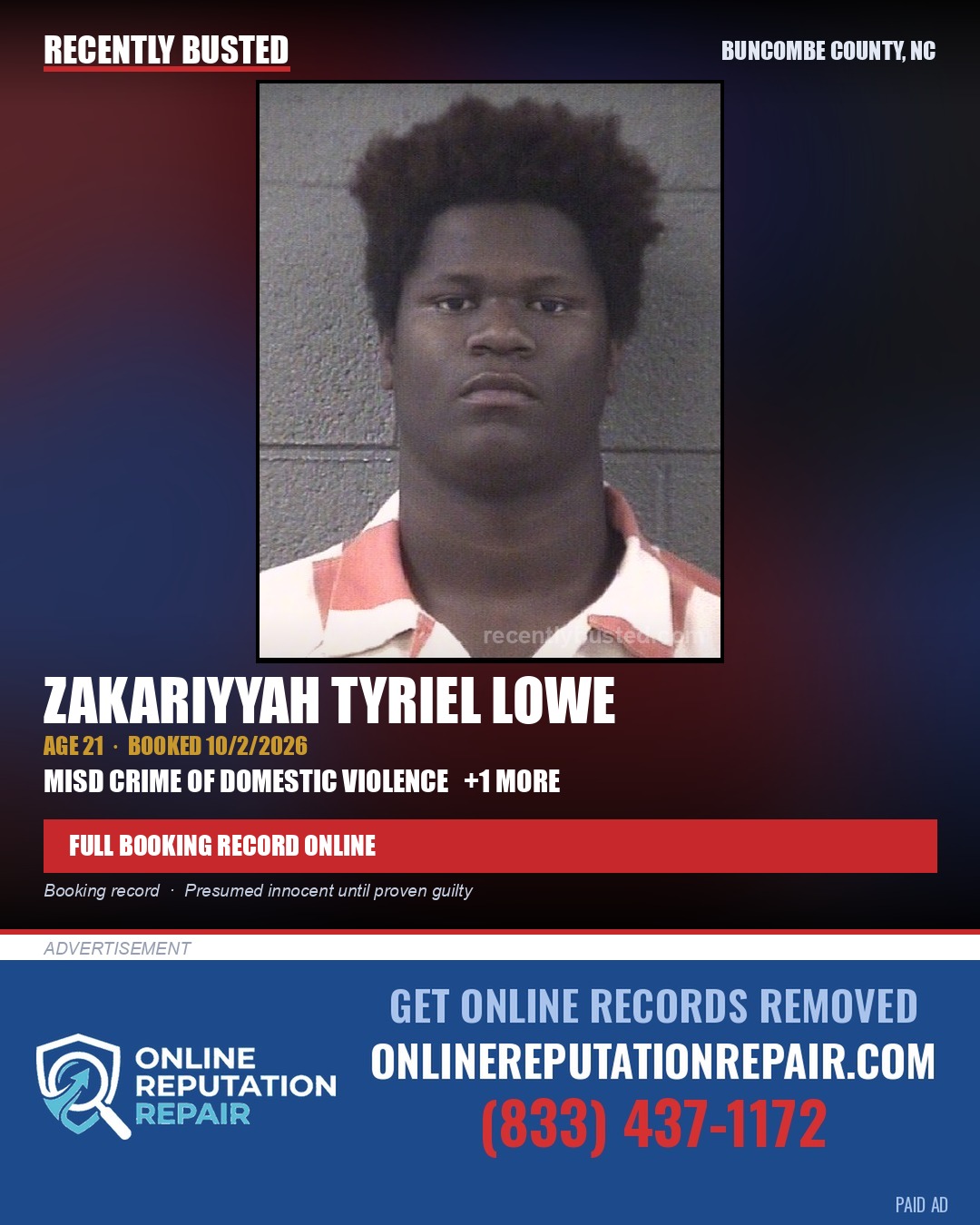 ZAKARIYYAH TYRIEL LOWE — arrest record card, Buncombe County, North Carolina