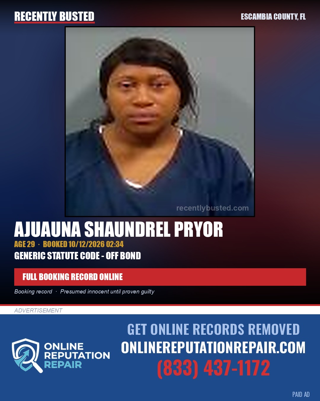 Ajuauna Shaundrel Pryor — arrest record card, Escambia County, Florida