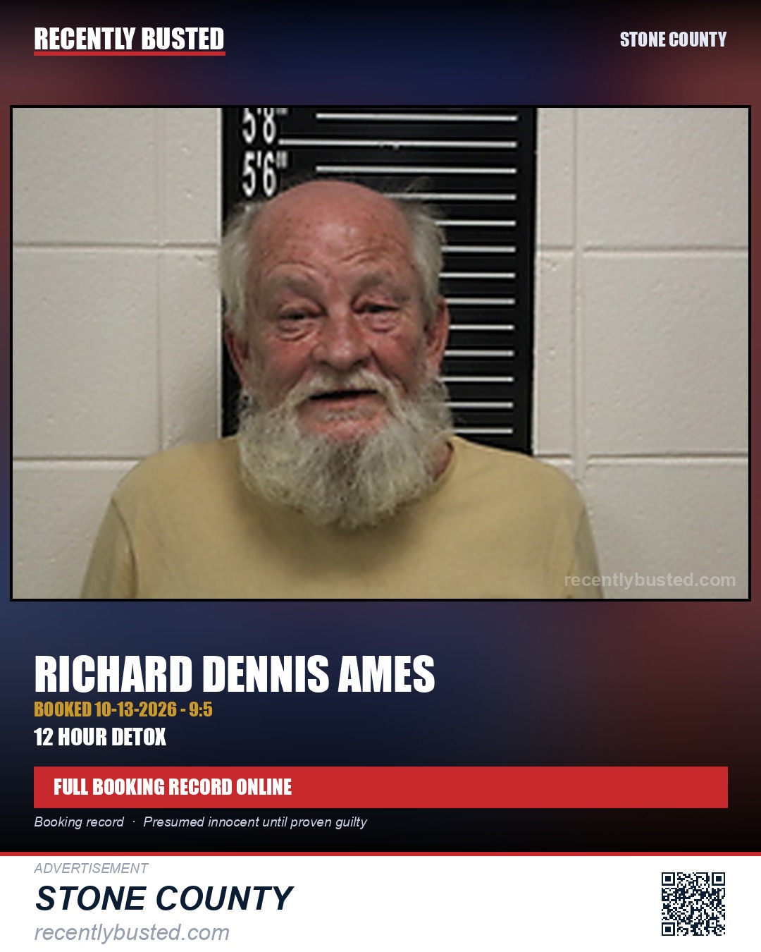 Ames, Richard Dennis — arrest record card, Stone County