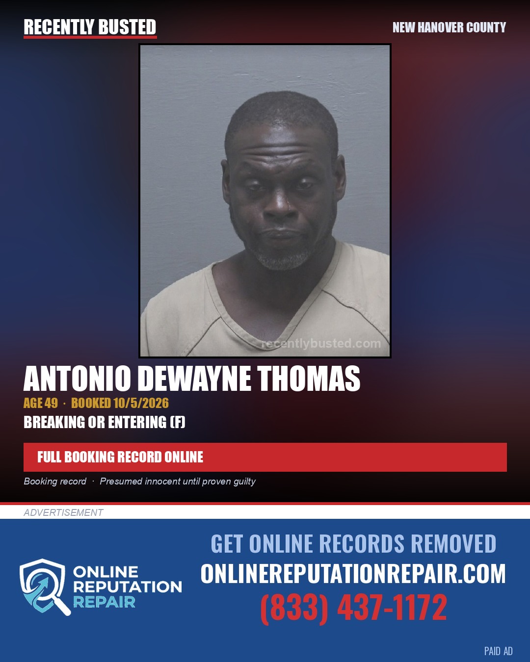 ANTONIO DEWAYNE THOMAS — arrest record card, New Hanover County