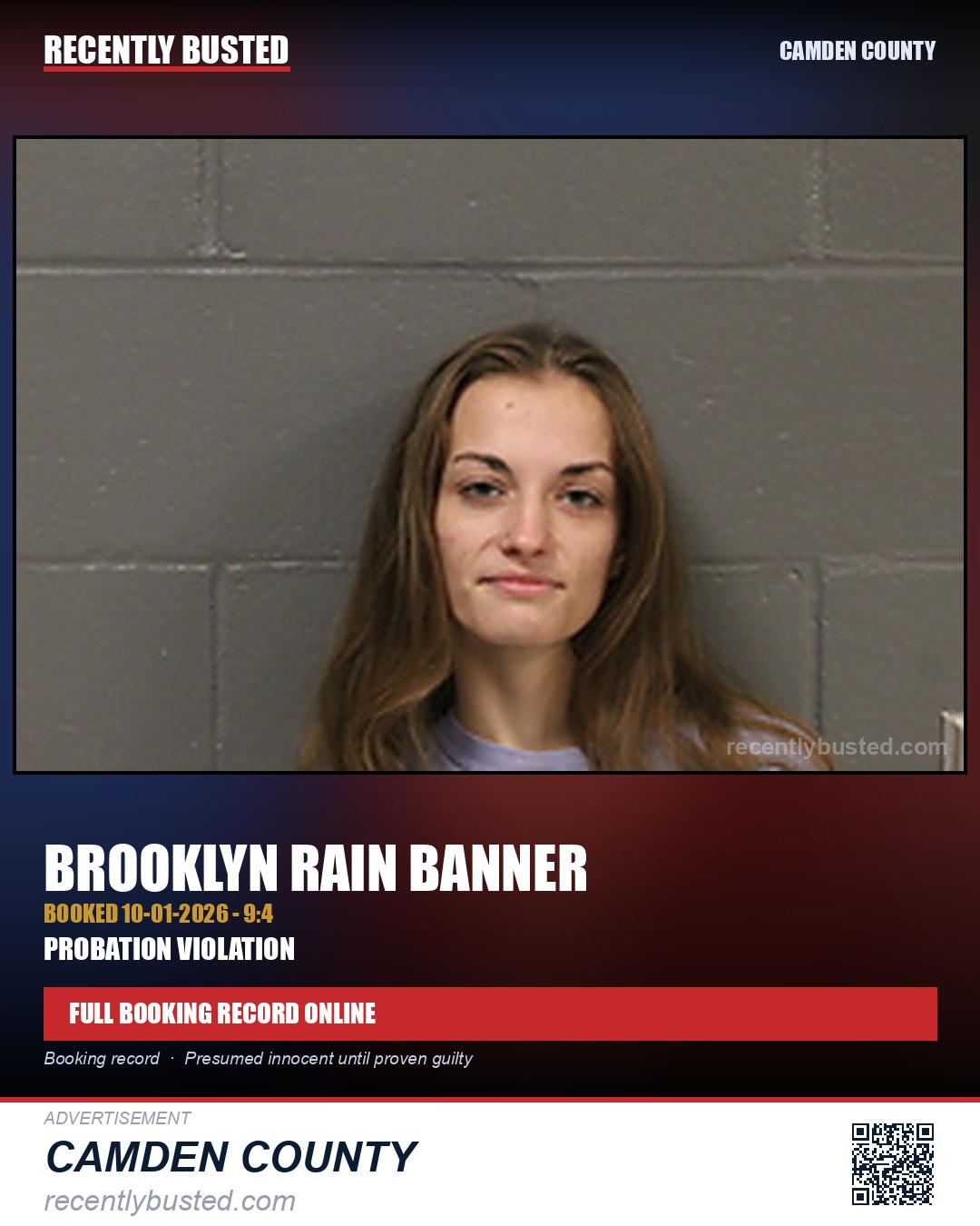 Banner, Brooklyn Rain — arrest record card, Camden County