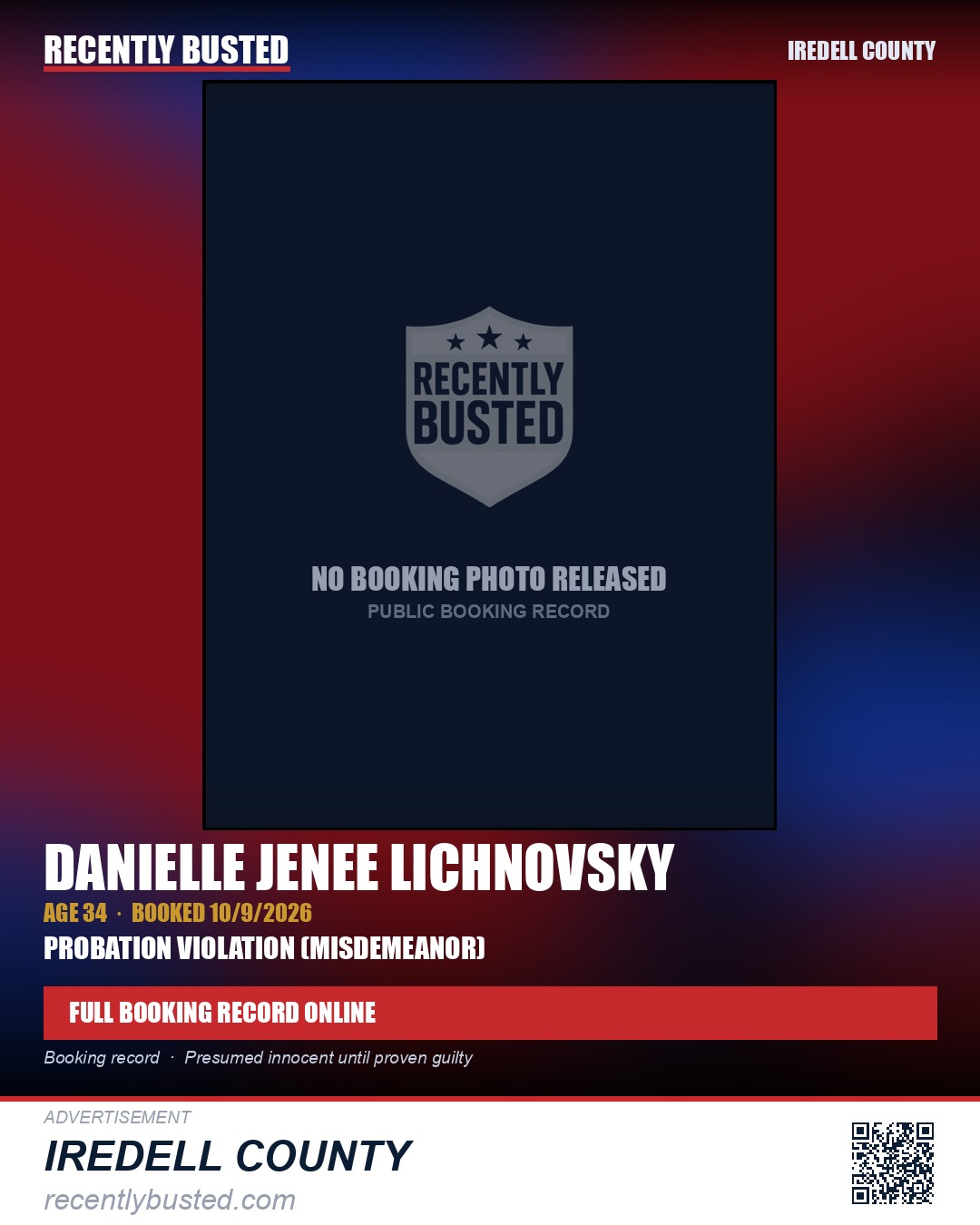 DANIELLE JENEE LICHNOVSKY — arrest record card, Iredell County