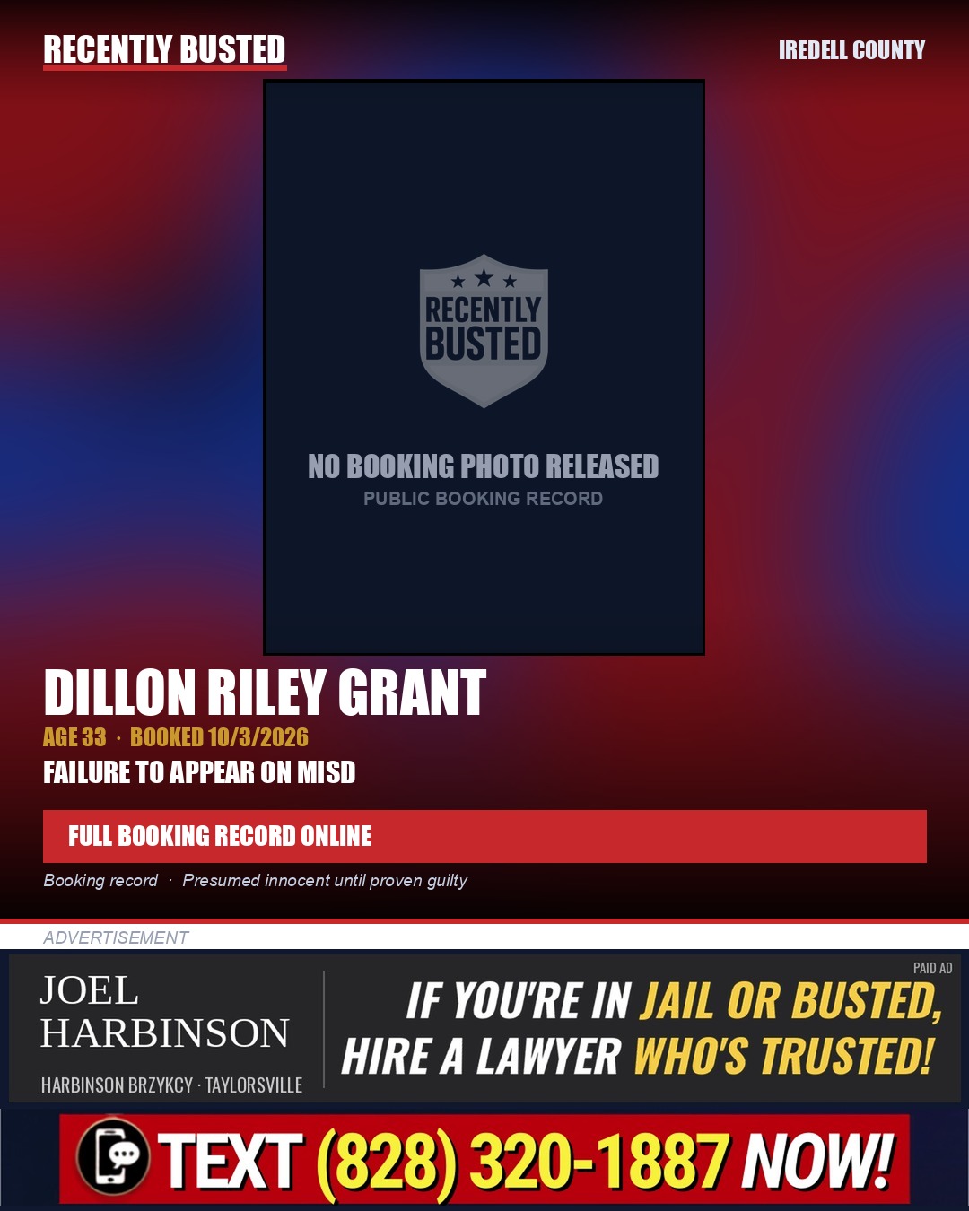 DILLON RILEY GRANT — arrest record card, Iredell County