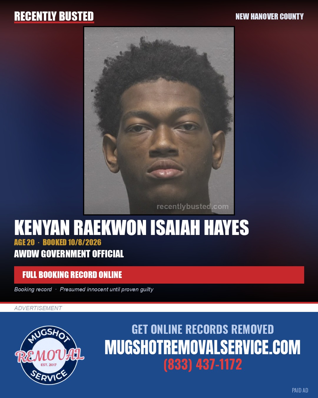 KENYAN RAEKWON ISAIAH HAYES — arrest record card, New Hanover County