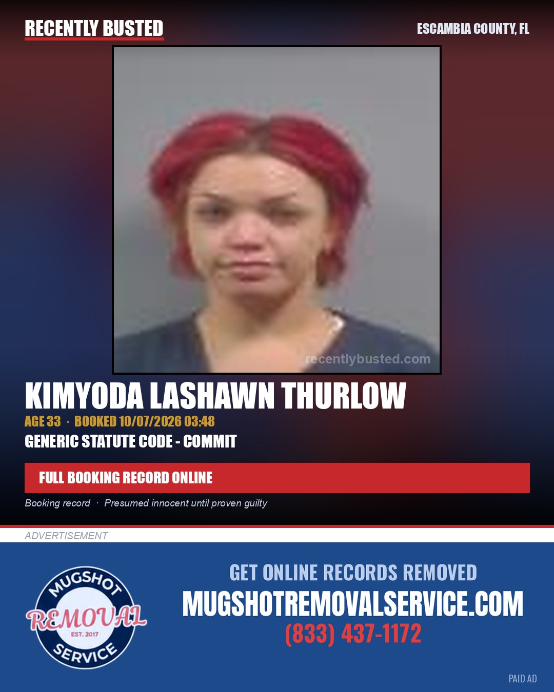 Kimyoda Lashawn Thurlow — arrest record card, Escambia County, Florida
