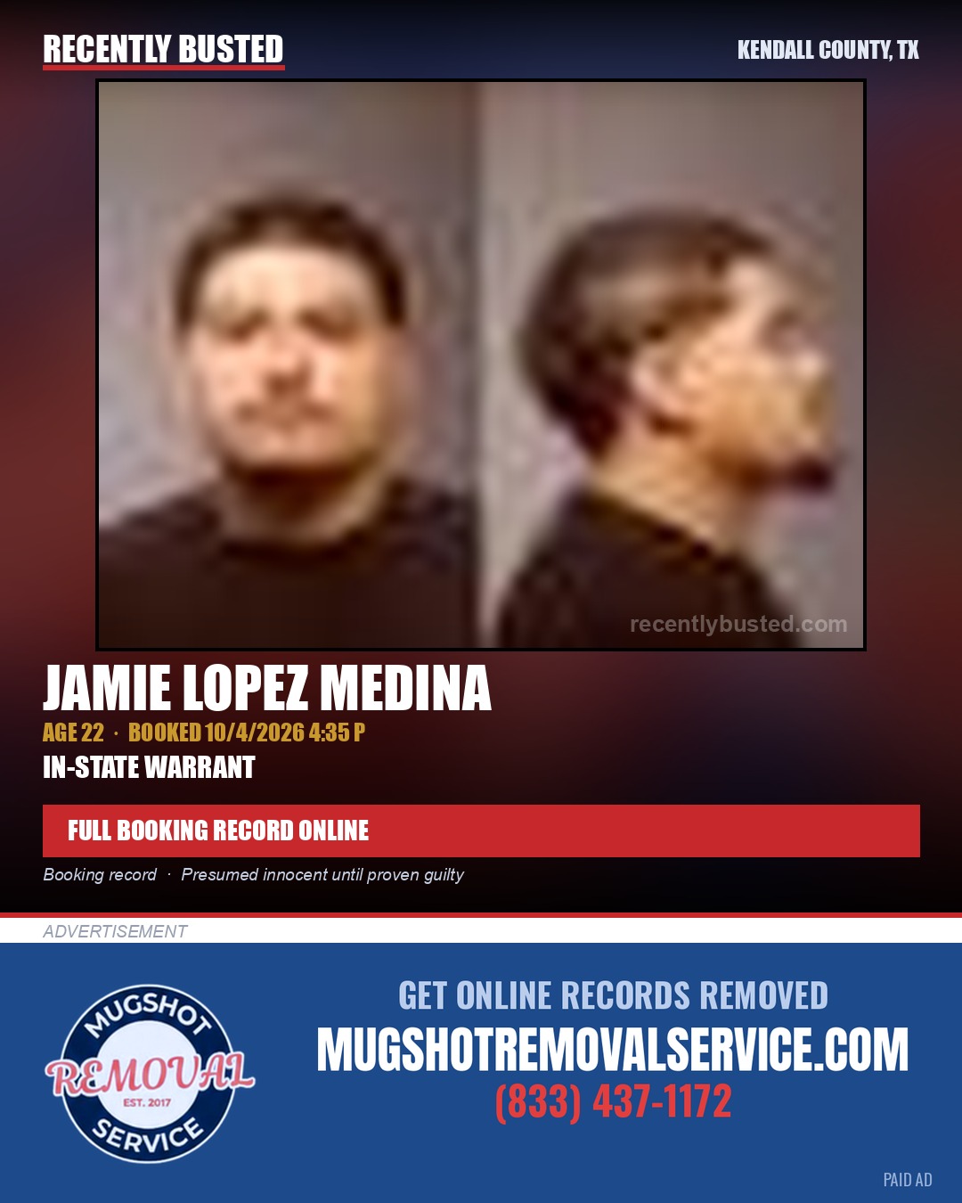 LOPEZ MEDINA, JAMIE — arrest record card, Kendall County, Illinois
