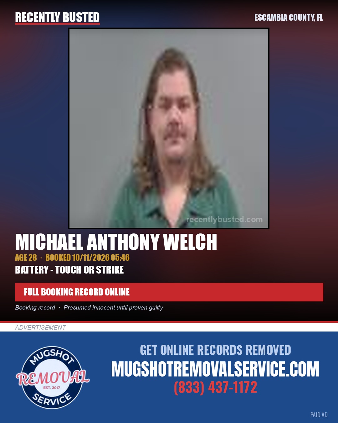 Michael Anthony Welch — arrest record card, Escambia County, Florida