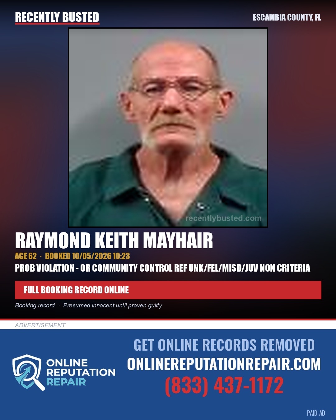 Raymond Keith Mayhair — arrest record card, Escambia County, Florida