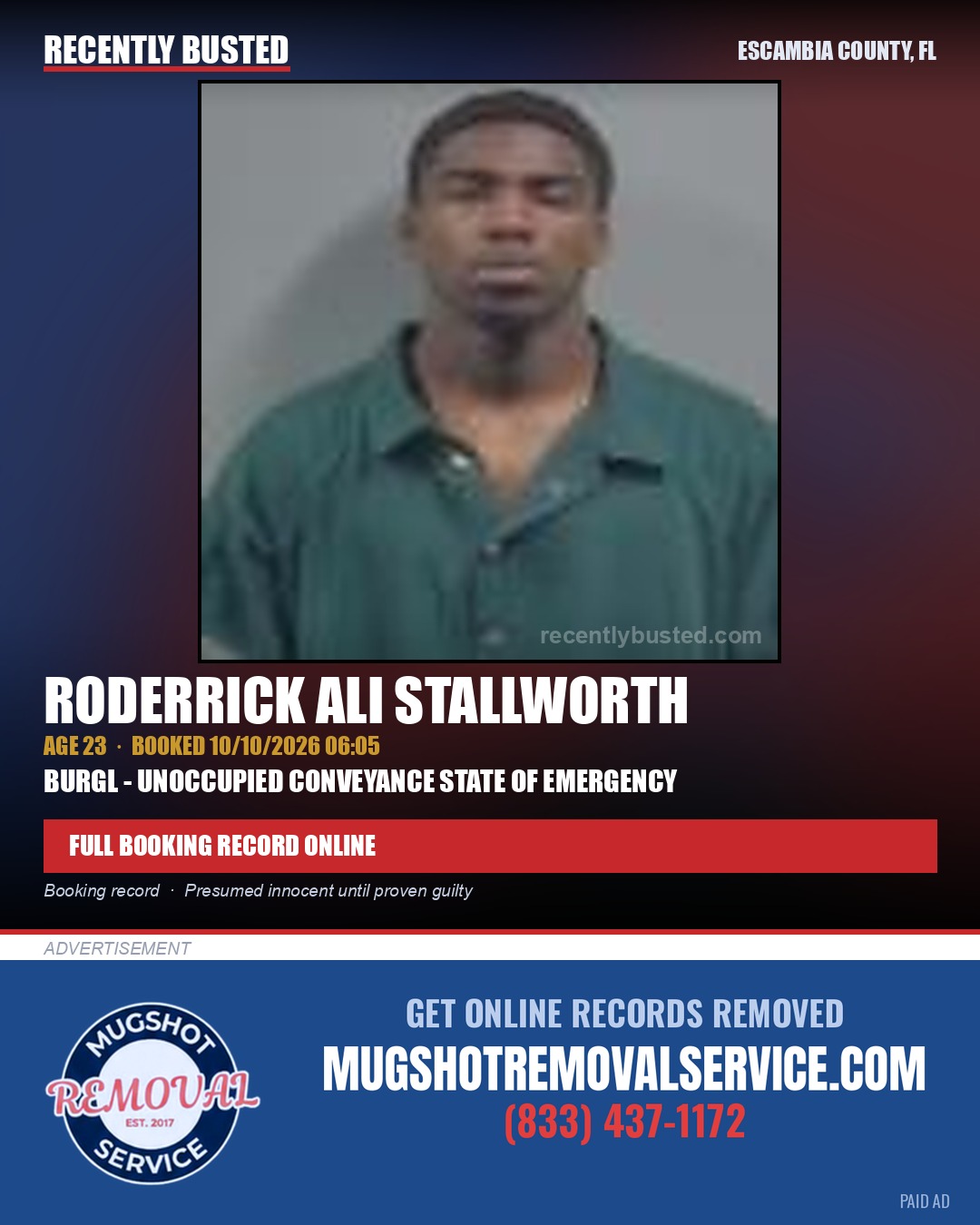 Roderrick Ali Stallworth — arrest record card, Escambia County, Florida