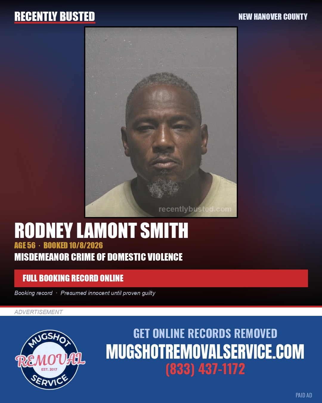 RODNEY LAMONT SMITH — arrest record card, New Hanover County