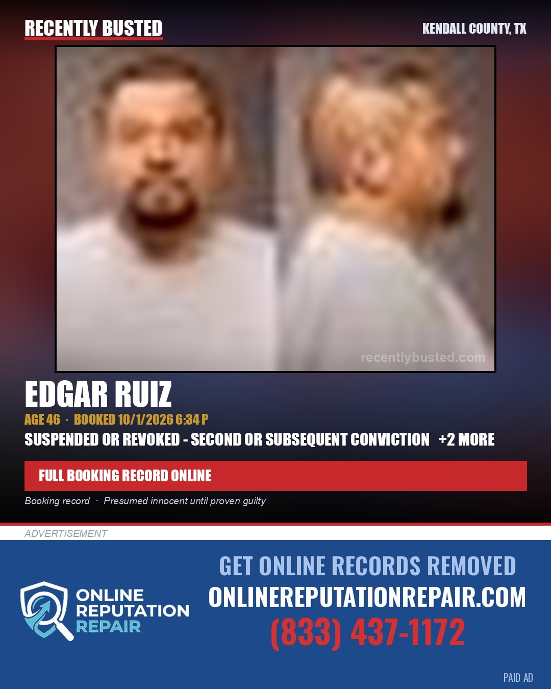 RUIZ, EDGAR — arrest record card, Kendall County, Illinois