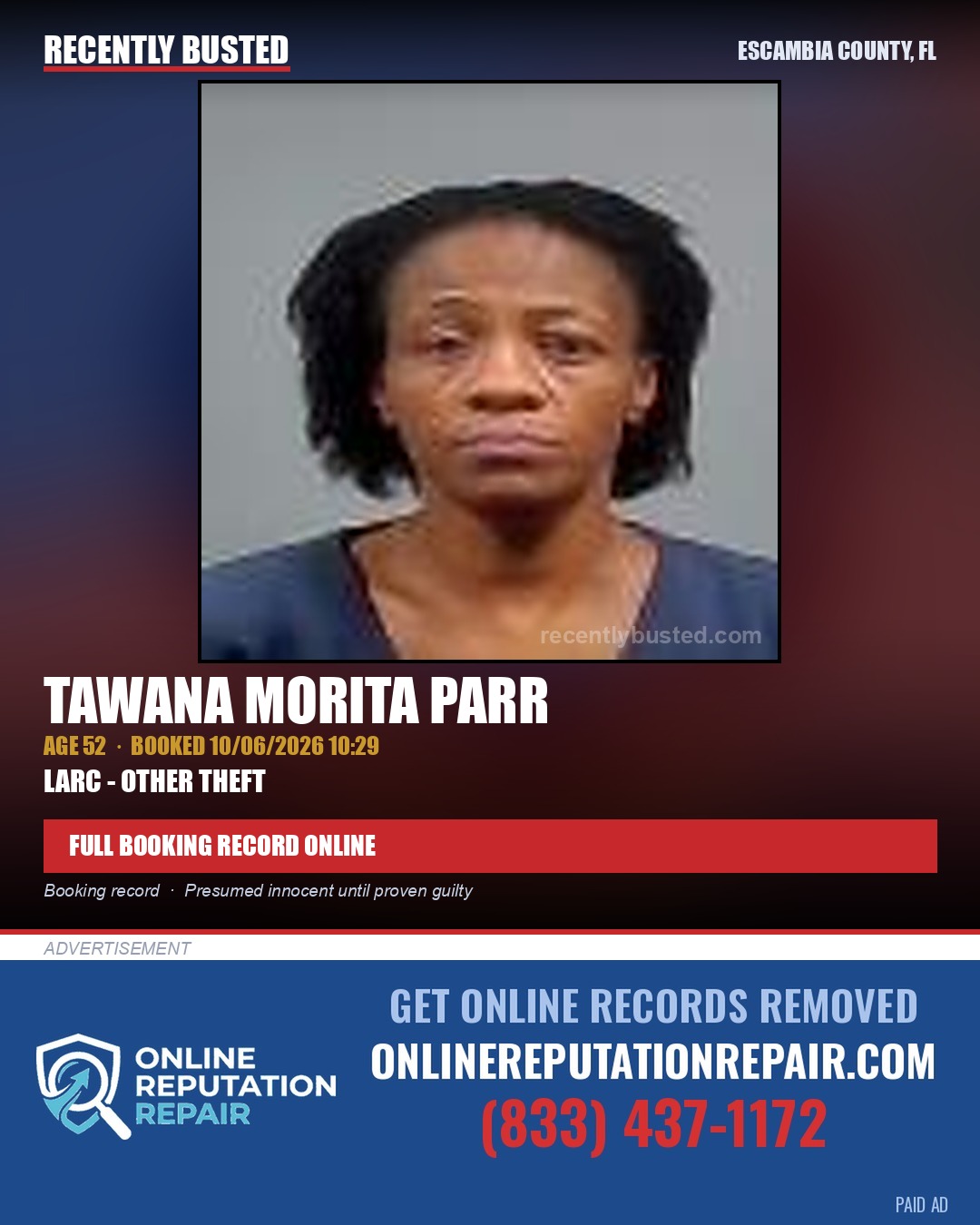 Tawana Morita Parr — arrest record card, Escambia County, Florida