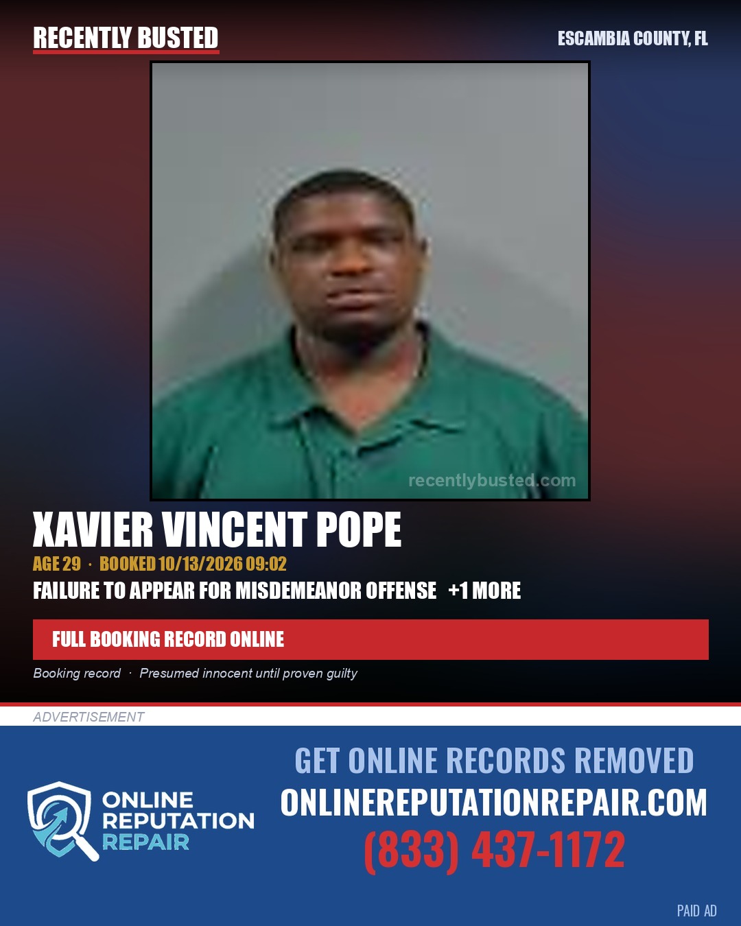 Xavier Vincent Pope — arrest record card, Escambia County, Florida