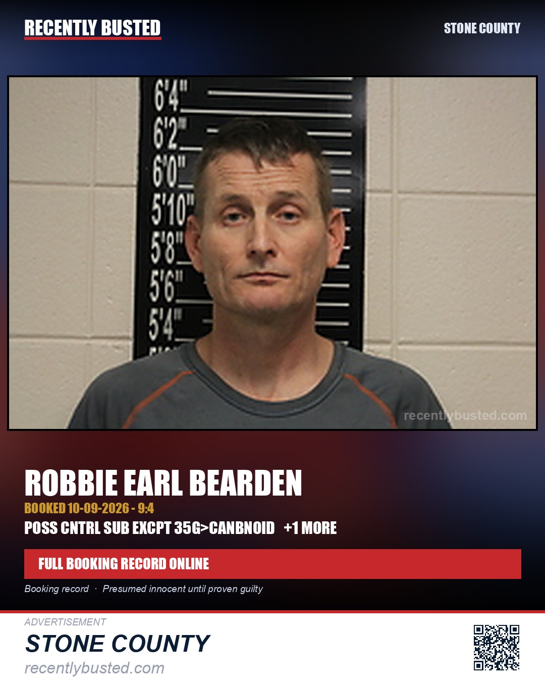 Bearden, Robbie Earl — arrest record card, Stone County