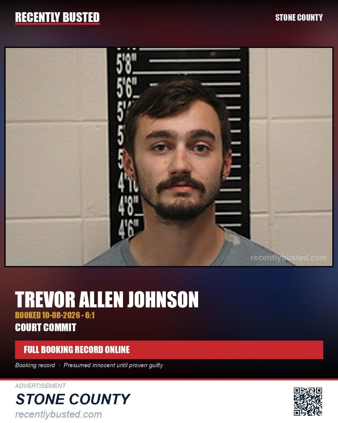 Johnson, Trevor Allen — arrest record card, Stone County