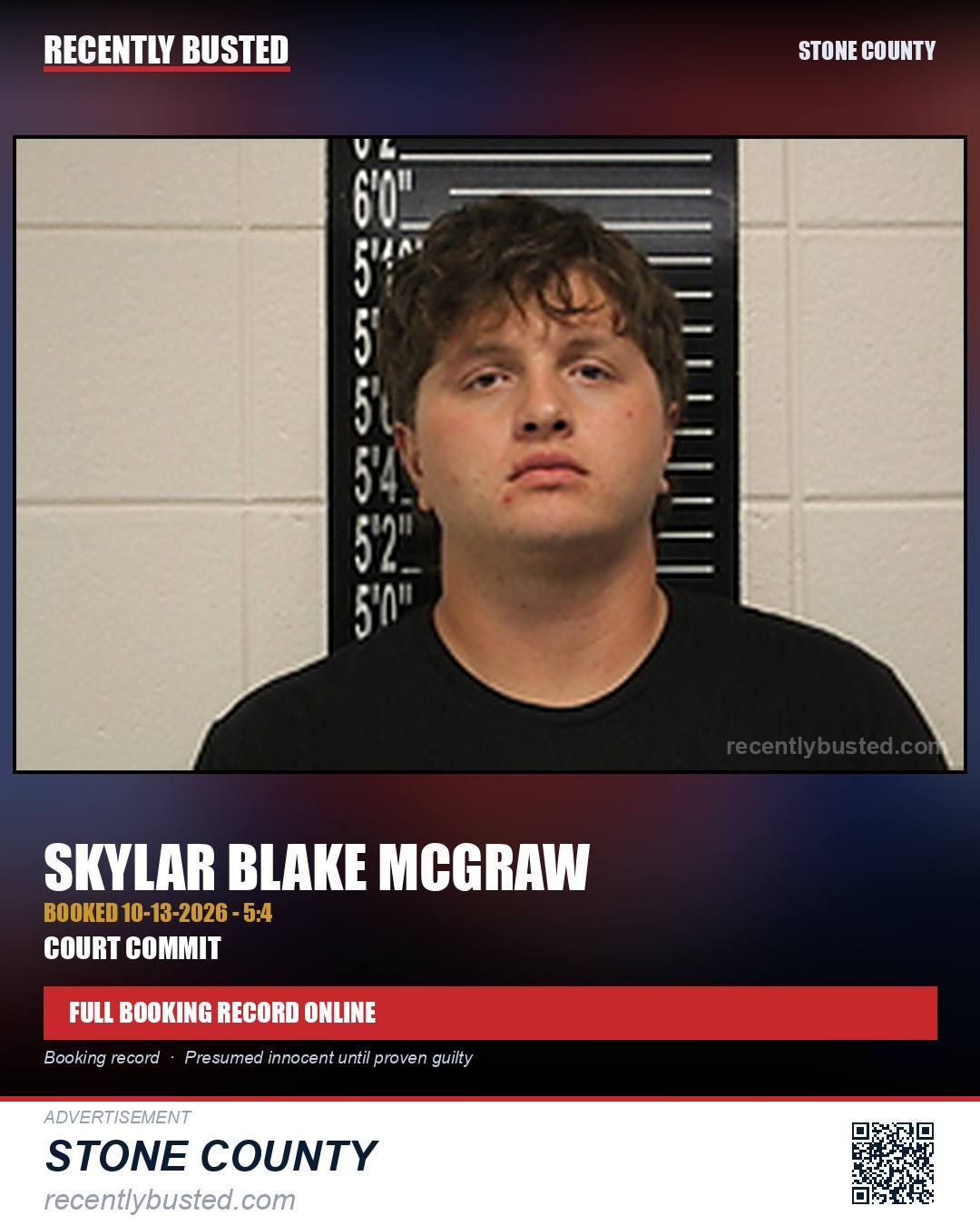 Mcgraw, Skylar Blake — arrest record card, Stone County