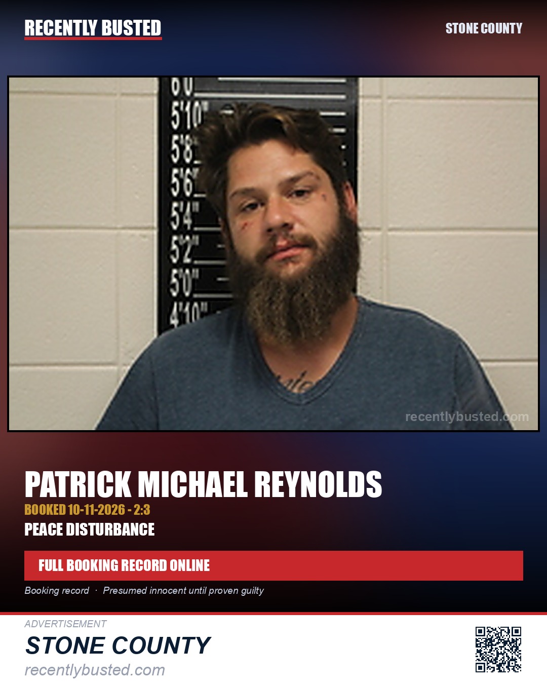 Reynolds, Patrick Michael — arrest record card, Stone County