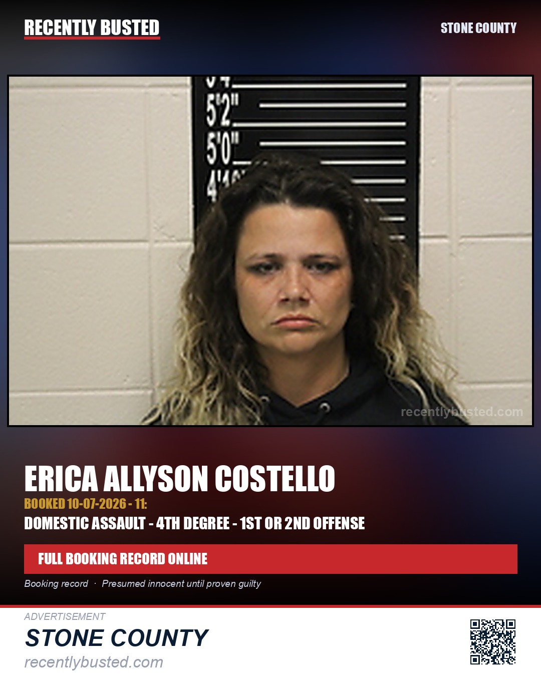 Costello, Erica Allyson — arrest record card, Stone County