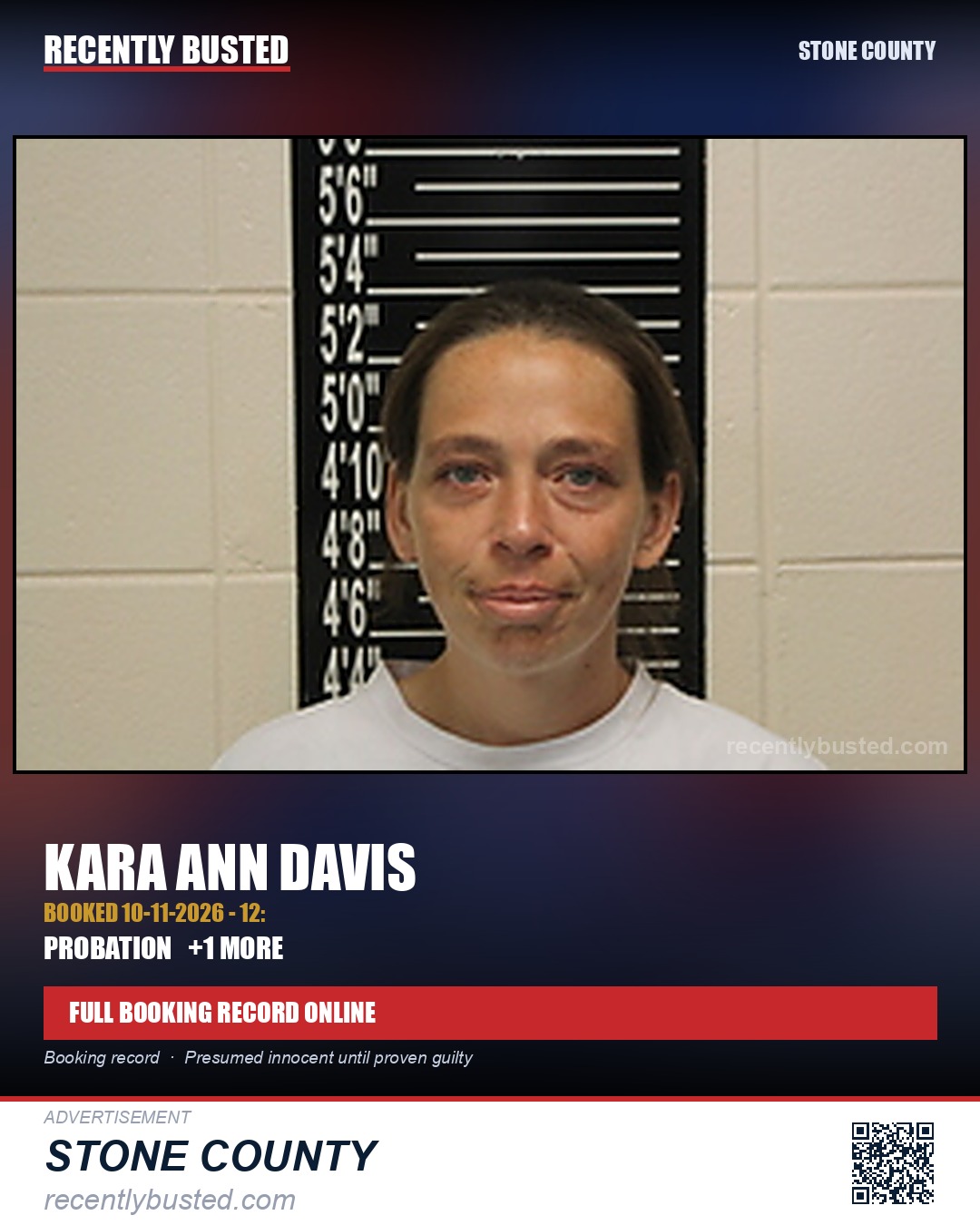 Davis, Kara Ann — arrest record card, Stone County