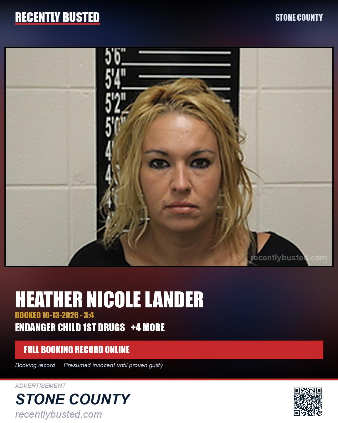Lander, Heather Nicole — arrest record card, Stone County