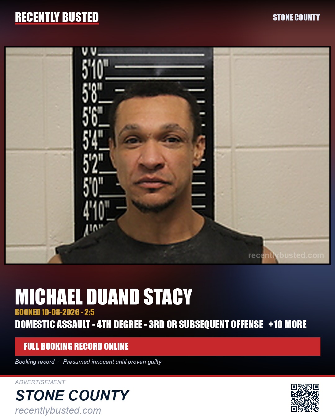 Stacy, Michael Duand — arrest record card, Stone County