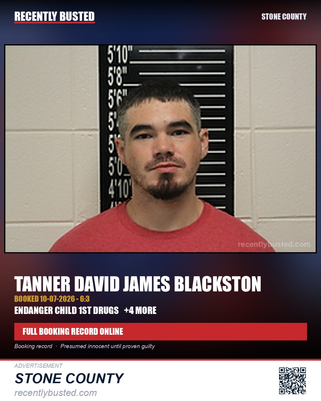 Blackston, Tanner David James — arrest record card, Stone County