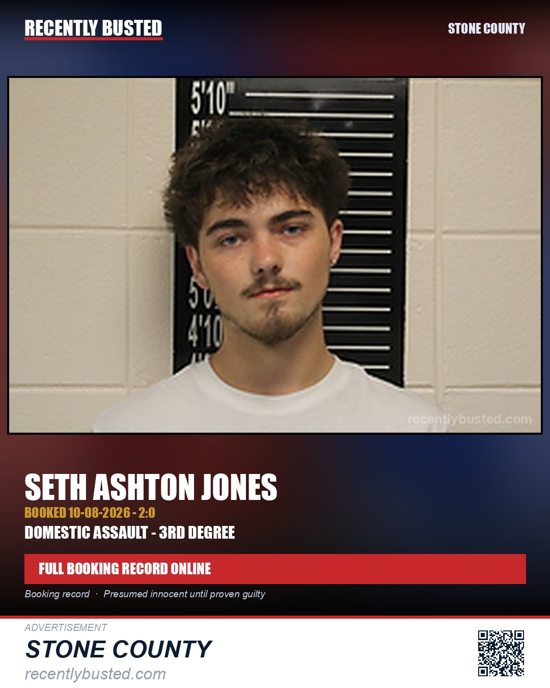 Jones, Seth Ashton — arrest record card, Stone County